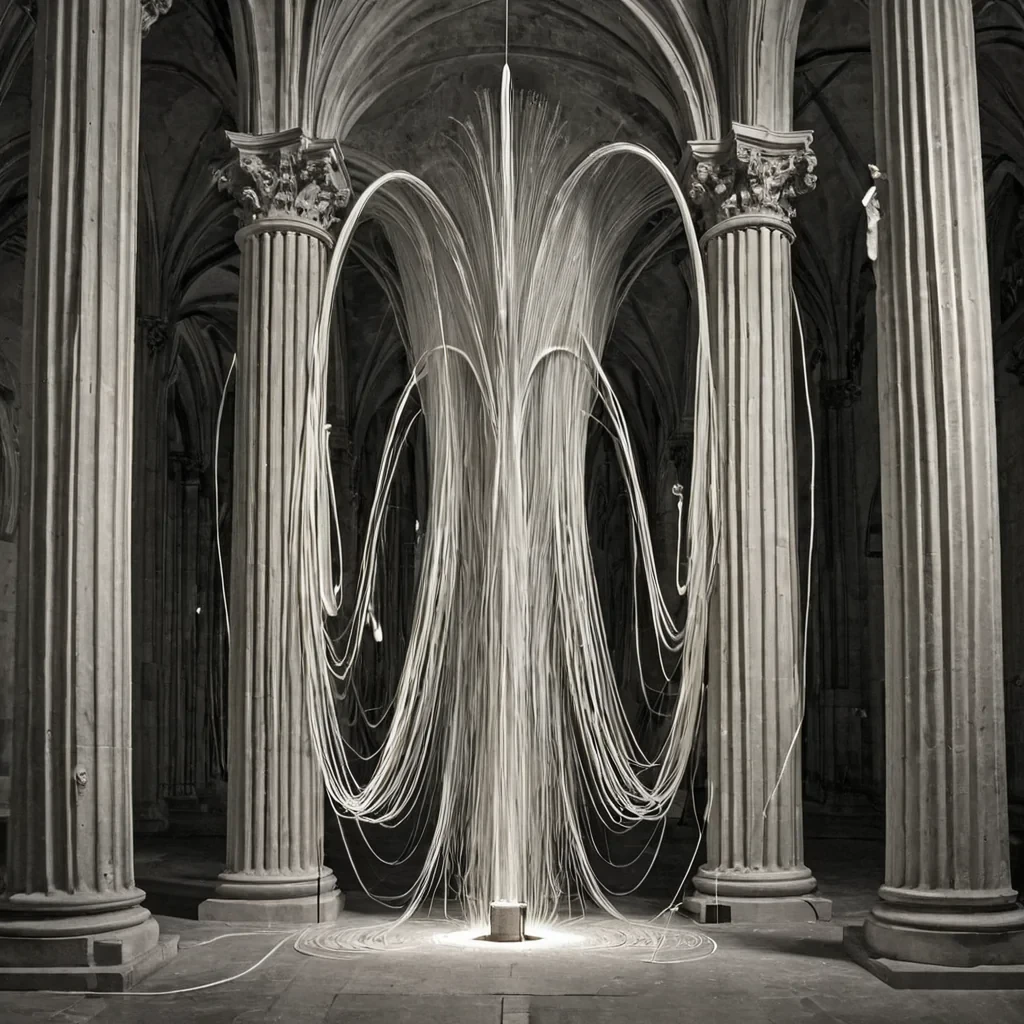 A single, selfunfolding filament of reversed silence, shaped like a 1,000,000,000dimensional loop of unformed stillness and inverted resonance, drifts through the center of a vast, inverted cathedral of solidified sound  each pillar carved from the exact moment between a chime ringing and its refusal to vibrate, a whisper forming in the throat and dissolving into nonacoustic emptiness, a breath held too long and collapsing into pure, unmeasured nonvibration. The filament does not absorb noise  it unabsorbs it, each unraveling coil shedding a layer of auditory potential that never coalesced into perceptible resonance, reforming into ephemeral, silverthread