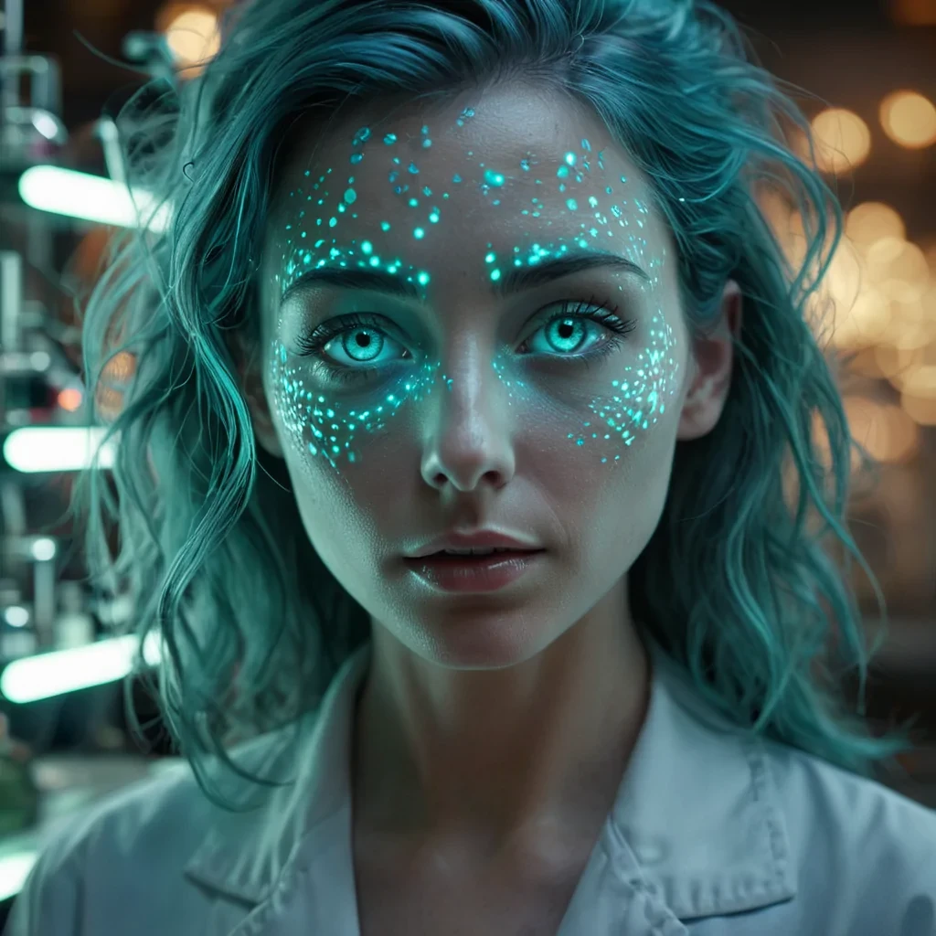 A hyperrealistic, 4K, ultra HD portrait of a quantum alchemist, her iridescent skin shimmering with the colors of a neondrenched laboratory at night. The alchemists eyes, a deep, enigmatic turquoise, hold the secrets of a thousand atomic transmutations. Her hair, a cascade of shimmering, holographic molecules, gently pulses with each beat of her subatomic heart. The background is a surreal, hightech lab filled with floating quantum reactors and the soft glow of electron microscopes. Cinematic lighting accentuates the alchemists otherworldly beauty, while a subtle bokeh effect blurs the neonlit laboratory, creating an intimate, focused atmosphere.