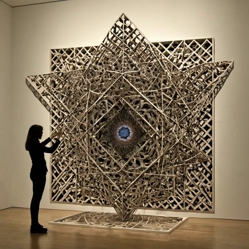 A single, selfreplicating fractal of reversed memory, shaped like a 9,342dimensional lattice of unformed recollection and inverted nostalgia, pulses at the center of a vast, inverted museum of solidified forgetting  each exhibit carved from the exact moment between a photograph being developed and its refusal to reveal a face, a name being whispered and dissolving into nonlinguistic oblivion, a hand reaching for a loved one and collapsing into pure, unmeasured absence. The lattice does not preserve the past  it unpreserves it, each fractal node shedding a layer of mnemonic potential that never coalesced into shared remembrance, reforming into ephemeral, amethystthreaded afterimages shaped like