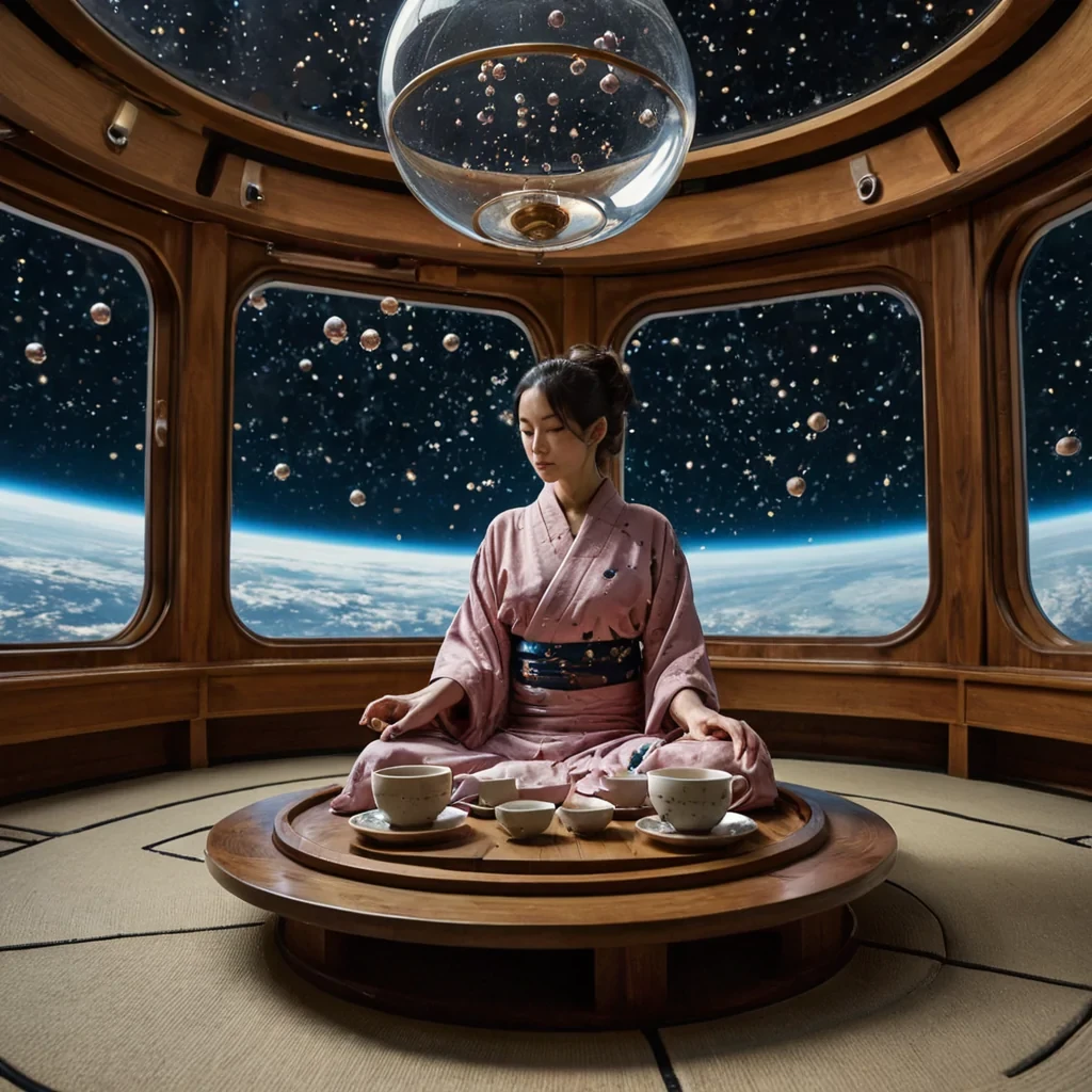 A vertical, eyelevel wide shot of a serene, zerogravity tea ceremony taking place inside the transparent, spherical cargo bay of a vintage deepspace exploration vessel. The bay is filled with thousands of suspended, shimmering droplets of golden liquid that float in perfect, geometric formations around a central, low table crafted from dark, polished teak. A figure wearing a traditional, flowing silk kimono with subtle, embroidered constellations sits crosslegged on a floating cushion, their hands gently pouring tea from a ceramic pot into small cups that hover at eye level. The background reveals the vast, starfilled void of space through the curved glass, with a distant, swirling nebula in hues of soft pink and electric blue casting a gentle, ethereal