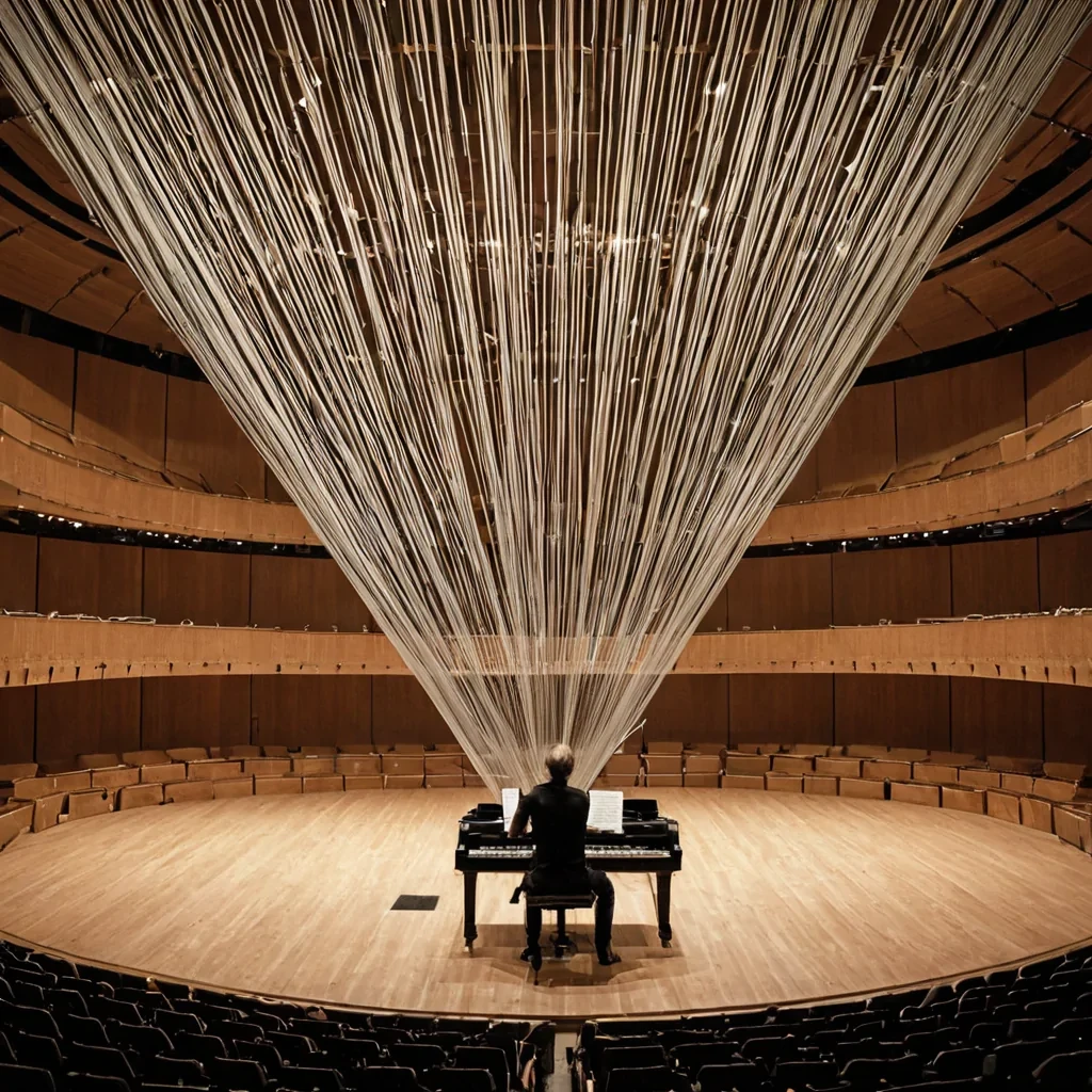 A single, selfoscillating filament of reversed resonance, shaped like a 941dimensional lattice of unformed vibration and inverted frequency, thrums at the center of a vast, inverted symphony hall of solidified silenceeach concert seat carved from the exact moment between a note being played and its refusal to resonate, a chord forming and dissolving into nonharmonic stillness, a conductors baton lifting and collapsing into pure, unmeasured quiet. The filament does not vibrateit unvibrates, each trembling strand shedding a layer of acoustic potential that never coalesced into a shared harmony, reforming into ephemeral, topazthreaded afterimages shaped like the negative space between two hands that never cl