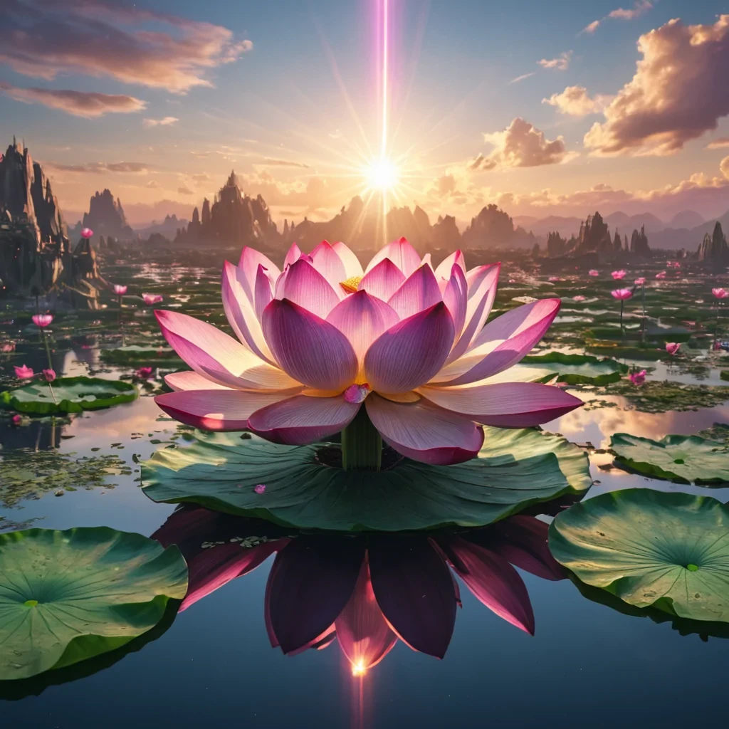 A colossal, levitating lotus flower blossoming in a sky filled with floating islands, its petals made of iridescent glass reflecting a double sunset, hyperrealistic, Ultra HD, cinematic lighting, volumetric lighting, atmospheric effects, lens flare, vibrant colors, detailed textures.