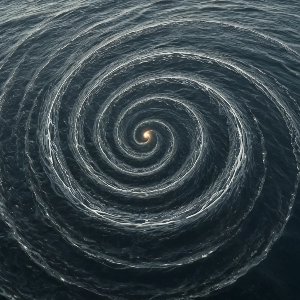 A single, selfilluminating filament of compressed moonlight, shaped like a 19dimensional helix of inverted gravity and unformed weightlessness, drifts through the center of a vast, inverted ocean of liquid time composed of the petrified tides of a civilization that measured existence through the duration of synchronized, silent breaths held just before the first wave was ever allowed to crest. The filament does not glowit unfloats, each spiral shedding a layer of gravitational potential that never coalesced into a shared descent, reforming into ephemeral, topazthreaded afterimages shaped like the negative space between two feet that never touched the same shore in the same moment of mutual suspension. The ocean is not waterit is