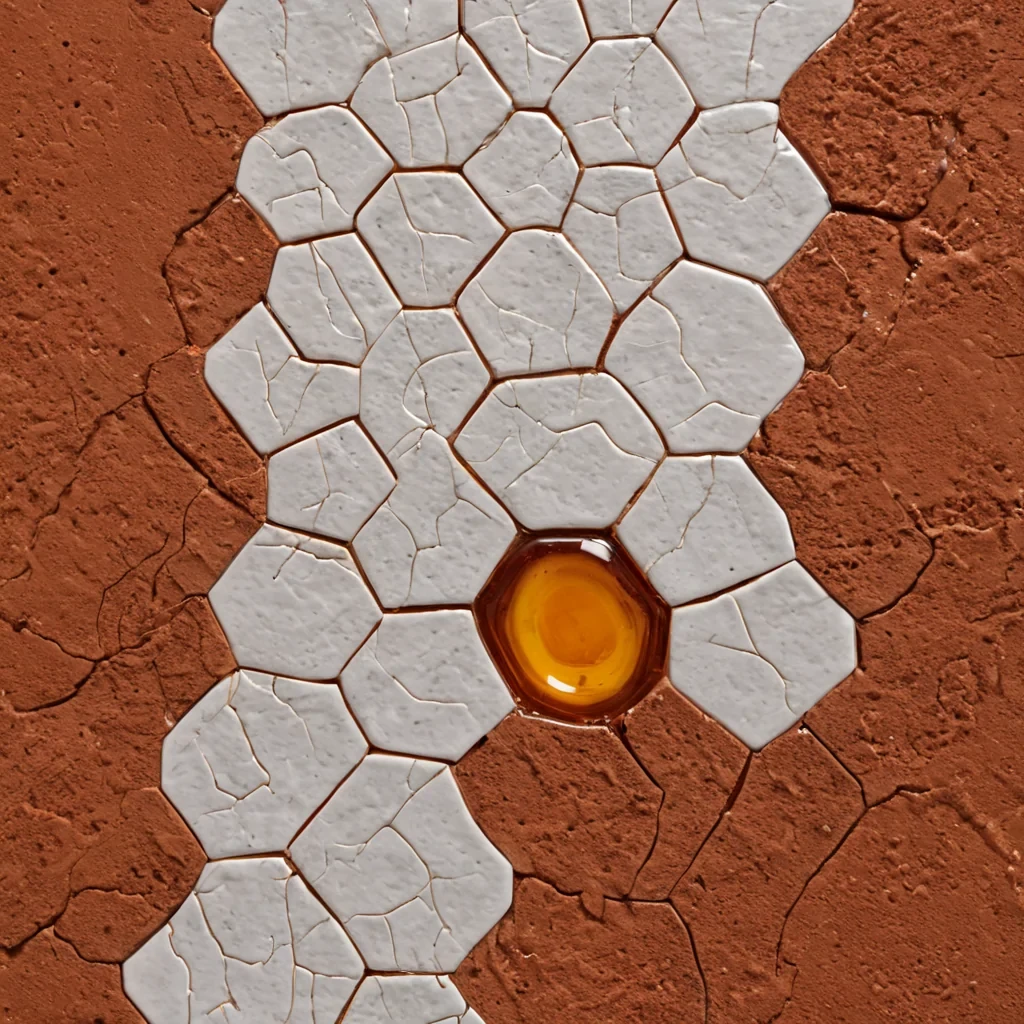 A hyperrealistic, extreme closeup shot of a single, pristine white ceramic tile embedded in a wall of raw, red clay, where the tile is being slowly consumed by a geometric, fractal pattern of golden honey that flows in precise, mathematical lines. The honey is not viscous but appears semisolid, maintaining sharp, angular edges as it spreads across the glossy surface, creating a contrast between the smooth white glaze and the textured, amber glow. The lighting is warm and directional, coming from the left, casting long, dramatic shadows into the crevices of the clay wall and highlighting the sticky, translucent quality of the honey. The depth of field is shallow, blurring the surrounding red clay into a soft, warm blur, while