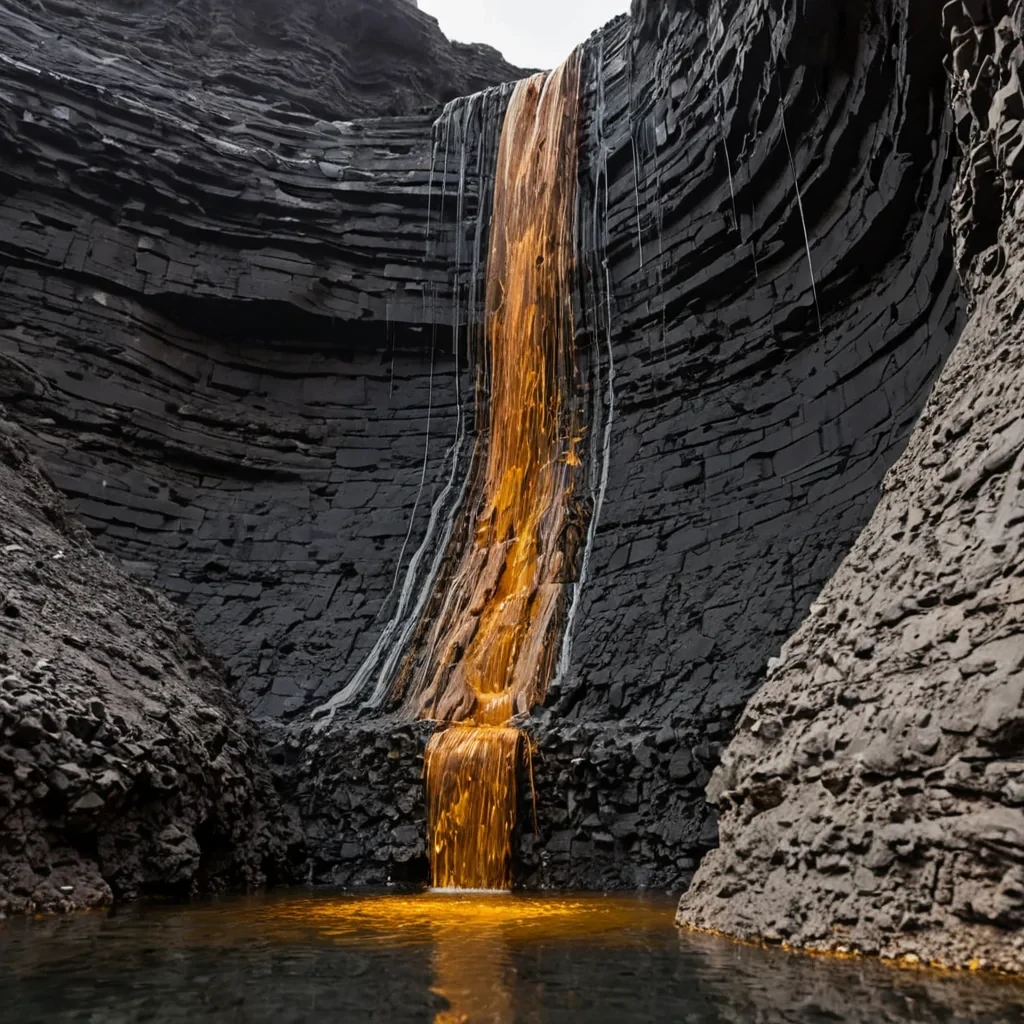 A horizontal, eyelevel wide shot of a vertical, cascading aqueduct system carved into the sheer face of a colossal, porous basalt cliff in a hyperarid canyon. The structure is composed of tiered, terraced pools made of translucent, smoky quartz that channel a viscous, glowing liquid in varying shades of amber and honey. Water does not flow downward but rather defies gravity, spiraling upward in slowmotion, suspended helixes between the tiers, creating a mesmerizing optical illusion of reverse rain. In the foreground, a maintenance technician with skin the texture of cracked earth and wearing a streamlined, sleeveless suit of mattewhite ceramic armor stands on a narrow, floating platform of dark obsidian. They are using a long