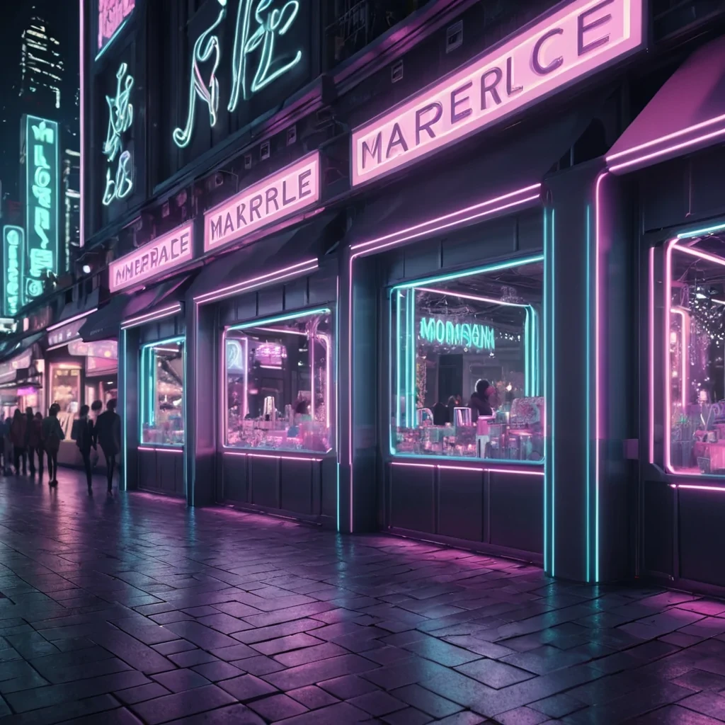 Hyperrealistic neon marketplace under the moonlight with reflective metallic stalls and holographic projections, volumetric lighting, dynamic shadows, bokeh effect, pastel tones, 4K