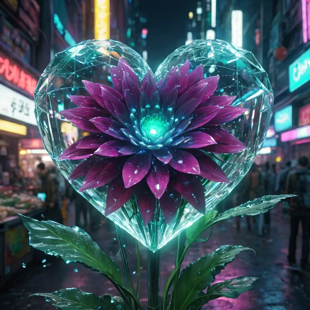 A sentient, crystalline flower blooming in the heart of a bustling, neonlit cyberpunk market, its petals shimmering with holographic advertisements, hyperrealistic, 4K, cinematic lighting, volumetric lighting, atmospheric effects, dynamic lighting, bokeh effect, soft focus, lens flare, neon greens, electric blues, and vivid magentas, detailed textures.
