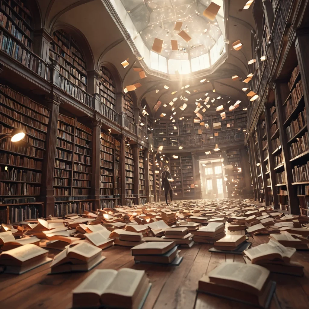 A vast, abandoned library filled with levitating books that emit soft, pulsating light, while a lone, robotic librarian meticulously organizes the airborne tomes, hyperrealistic, 8K, cinematic lighting, volumetric lighting, atmospheric effects, dynamic lighting, bokeh effect, soft focus, lens flare, pastel tones, detailed textures.