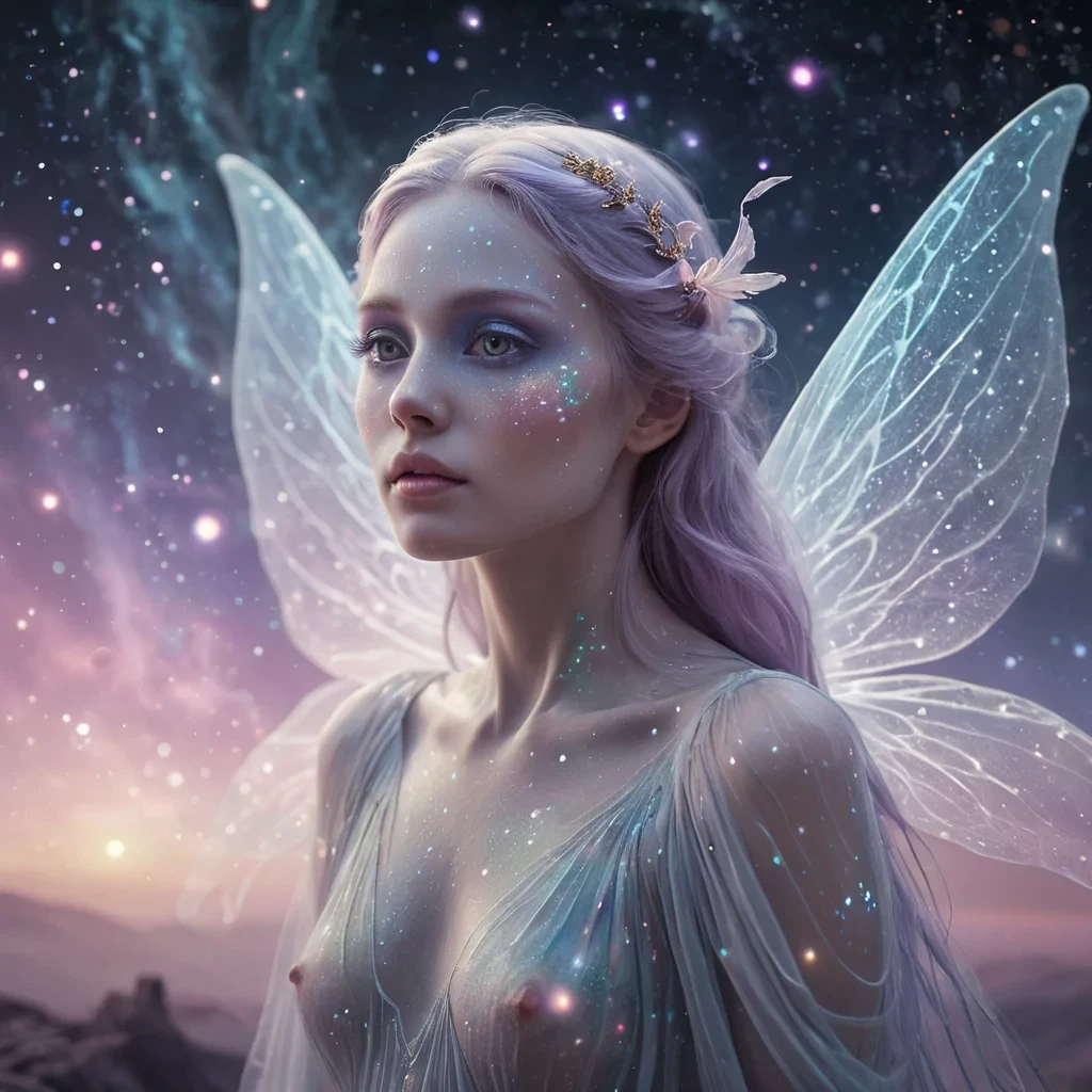 A hyperrealistic, 4K, ultra HD portrait of a mysterious, ethereal being with opalescent skin and eyes that shimmer like moonlight. The beings translucent, gossamer wings flutter gently, leaving trails of stardust in their wake. The background is a surreal, nebulalike landscape of swirling, pastel hues, with distant galaxies and planets casting a soft, ethereal glow. Cinematic lighting accentuates the beings otherworldly features, while a subtle bokeh effect blurs the cosmic backdrop, creating a dreamlike atmosphere.