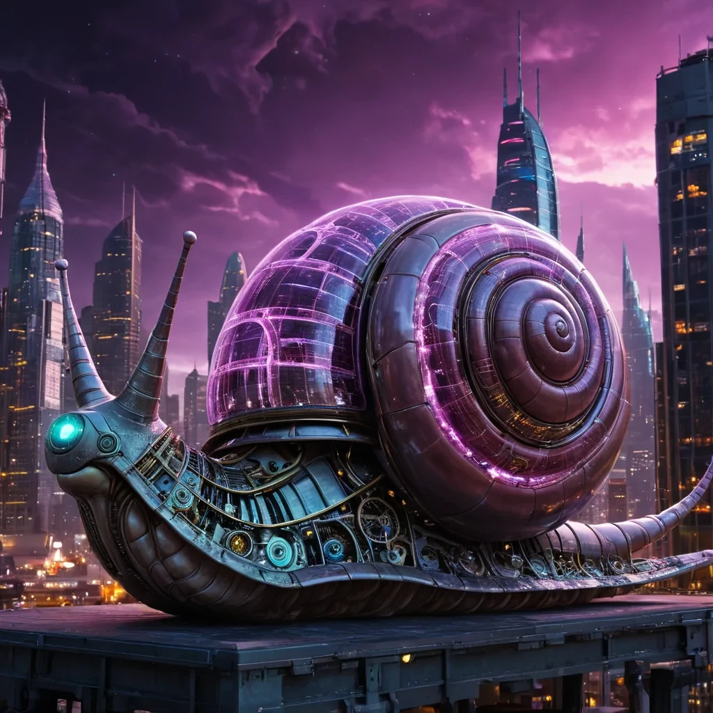 A colossal, ancient, mechanical snail, its metallic shell adorned with intricate, pulsating neon circuits, inches through a stormy, amethyst nebula. Within its transparent, bioluminescent body, a labyrinthine, neonlit cityscape sprawls, its towering, glass spires casting ephemeral shadows on the citys sentient, robotic inhabitants. Rendered in ultra HD, with dynamic lighting, atmospheric effects, and vibrant colors, evoking a sense of surreal, otherworldly wonder at this celestial, mechanical marvel.