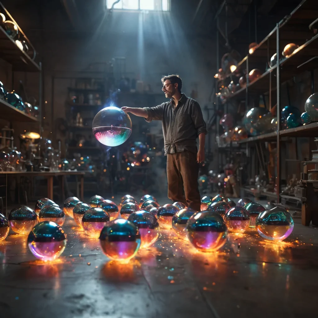 A lone glassblower in a gravitydefying studio, surrounded by molten, iridescent orbs that float and morph into everchanging sculptures, hyperrealistic, ultra HD, cinematic lighting, volumetric lighting, atmospheric effects, dynamic lighting, bokeh effect, soft focus, lens flare, vibrant colors, detailed textures.