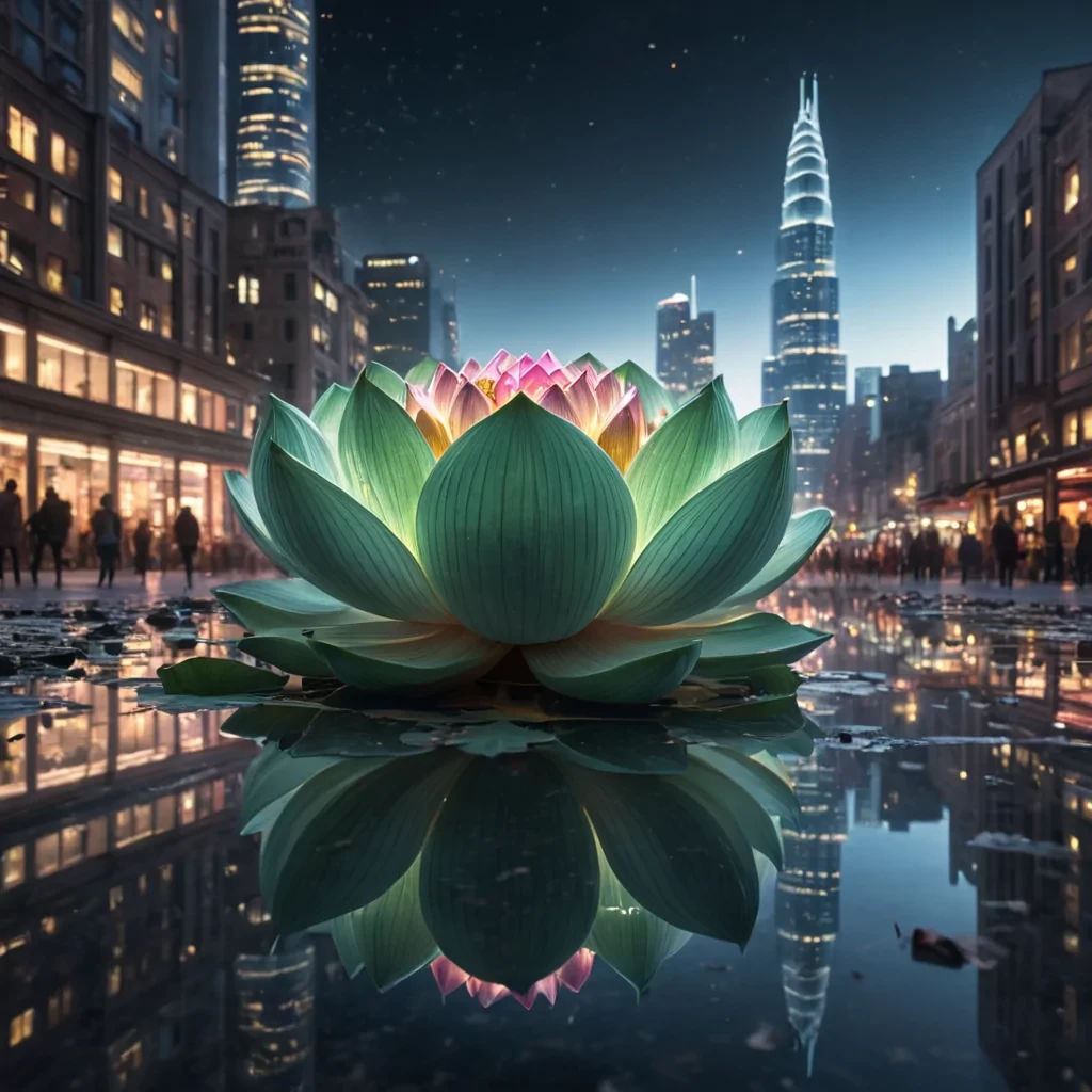 Photorealistic, colossal, levitating lotus pod, its translucent, veined petals unfurling to reveal a microcosmic, hyperrealistic, neonlit, Art Deco cityscape, reflected in the ultra HD, mirrored surface of an infinite, nebulafilled void. Volumetric lighting casts intricate, geometric shadows, while atmospheric effects create a mesmerizing, interstellar haze. Dynamic lighting dances on the citys spires, casting a soft focus on the distant horizon, with lens flare accentuating the pods central, luminescent pistil.