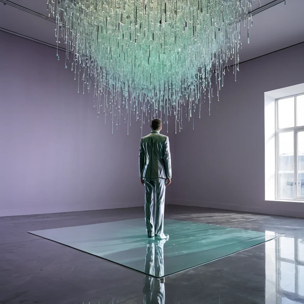 A hyperrealistic, eyelevel medium shot of a solitary figure wearing a structured, avantgarde suit made of layered, translucent cellulose acetate sheets in varying shades of pale lavender and mint green, standing on the edge of a floating platform in a vast, empty hall. The floor is a seamless surface of highly reflective, liquid mercury that perfectly mirrors the figure and the room, creating a sense of infinite depth. Suspended above is a massive, intricate mobile composed of thousands of tiny, suspended glass prisms and thin, taut wires of silver, which catch the light from a single, powerful source above, casting complex, geometric rainbows and sharp, linear shadows across the figures suit and the mercury floor. The background is a soft