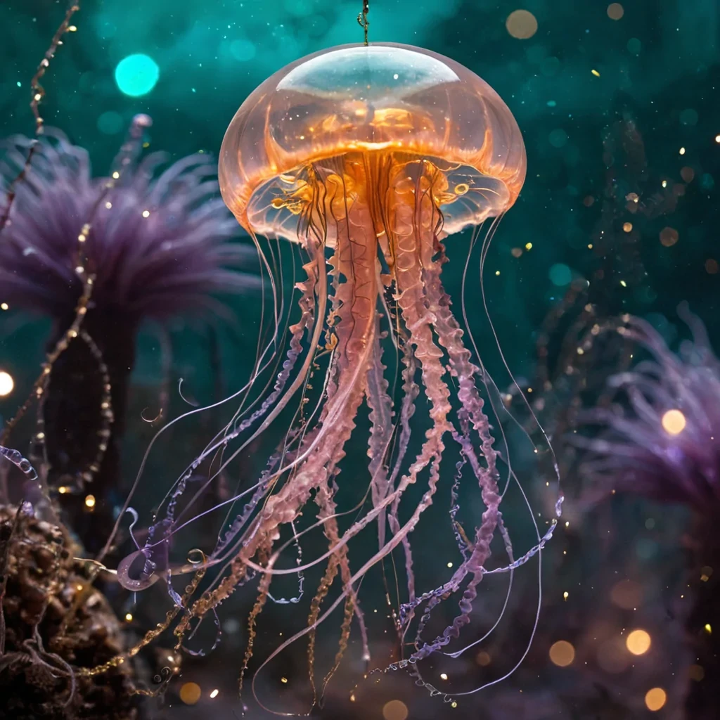 A vertical, closeup shot of a hyperrealistic, translucent jellyfishlike creature made entirely of layered, iridescent cellophane and fine, spungold thread, floating in a dense, warm atmosphere of suspended, glowing pollen grains. The creatures bell is a perfect hemisphere, revealing intricate, clockwork mechanisms inside made of brass gears and tiny, ticking springs that glow with a soft, amber light. Its trailing tentacles are long, ribbons of semitransparent silk in shades of pale pink and lavender, drifting in slow motion through the air. The background is a blurred, dreamlike landscape of soft, outoffocus lights in hues of teal and coral, creating a bokeh effect that mimics starlight. The lighting