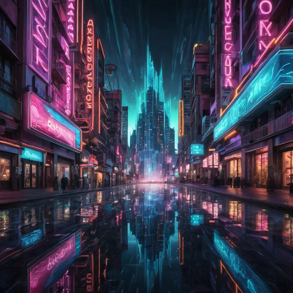 A hyperrealistic, 4K, ultra HD depiction of a neonlit, retrofuturistic cityscape at dusk. The scene is bathed in the vibrant, prismatic hues of a distant, pulsating, bioluminescent aurora. Cinematic lighting accentuates the citys towering, artdeco skyscrapers, their facades adorned with intricate, geometric patterns and illuminated by dynamic, neon signage. Photorealistic, fractal, zerogravity water formations unfurl in a surreal dance above the bustling streets, casting ethereal reflections on the wet, glistening surfaces below.