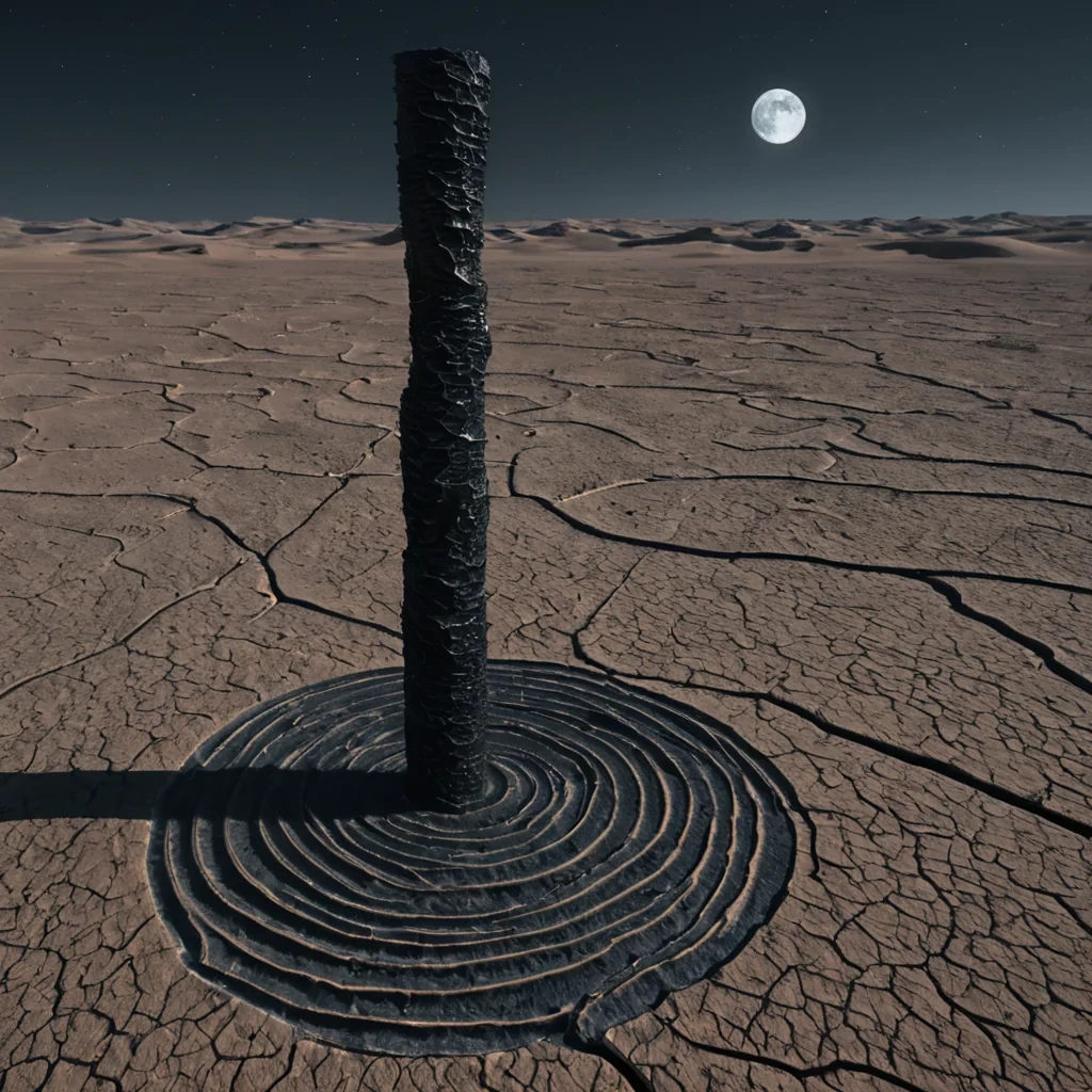 A single, rotating column of liquid obsidian and solidified moonlight rises from the center of a vast, inverted desert of crystallized silence, its structure not vertical but spiraling outward like the coils of a forgotten lullaby written in reverse. The column does not growit unfolds, revealing layers of compressed data not from the past, but from the future, each layer etched with the faint, ghostly script of decisions that have not yet been made. The desert beneath is not sandit is a thick, glassy expanse of solidified time, cracked in fractal patterns that reflect not the sky, but the shape of a question mark every time a breath passes. Above, the sky is not blueit is a