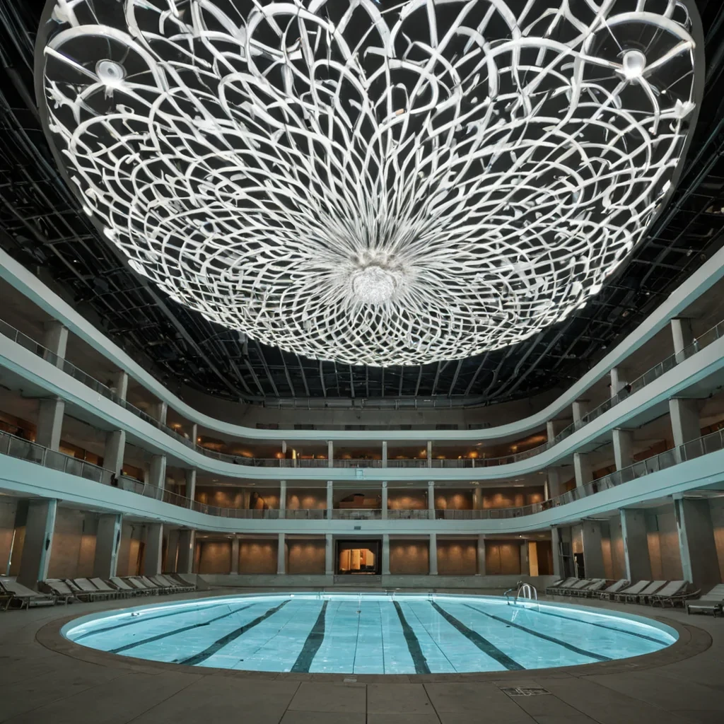 A hyperrealistic, eyelevel wide shot of a vast, silent indoor stadium constructed entirely from smooth, matte white ceramic, where the seating tiers curve upward into a seamless dome. The arena floor is covered not with grass or sand, but with a deep, still pool of viscous, liquid mercury that reflects the ceilings intricate lattice of glowing fiberoptic cables like a distorted mirror. Suspended in the center of the mercury pool is a colossal, intricate mobile made of thin, translucent sheets of frosted glass and polished steel, shaped like a complex, multilayered geometric flower with hundreds of rotating petals. The petals are illuminated from within by a soft, pulsing amber light, casting long, sharp, geometric shadows onto the surrounding white ceramic