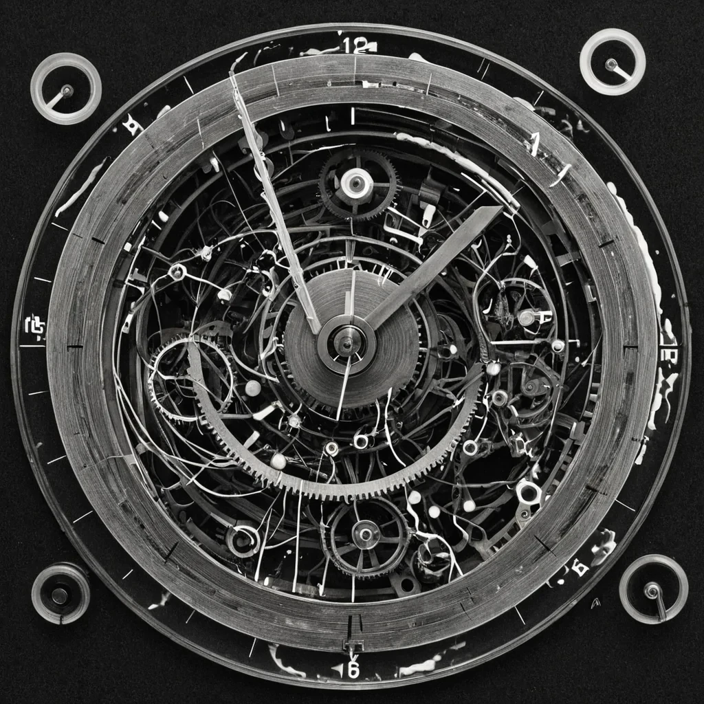 A single, selfoscillating node of reversed time, shaped like a 42,103dimensional tangle of unformed chronology and inverted causality, pulses at the center of a vast, inverted clockwork of solidified stasis  each gear carved from the exact moment between a hand turning a dial and its refusal to advance, a second hand trembling and dissolving into nonsequential stillness, a heartbeat syncing with a metronome and collapsing into pure, unmeasured nonprogress. The node does not measure time  it unmeasures it, each vibrating filament shedding a layer of temporal potential that never coalesced into linear motion, reforming into ephemeral, hematitelaced afterimages shaped like the