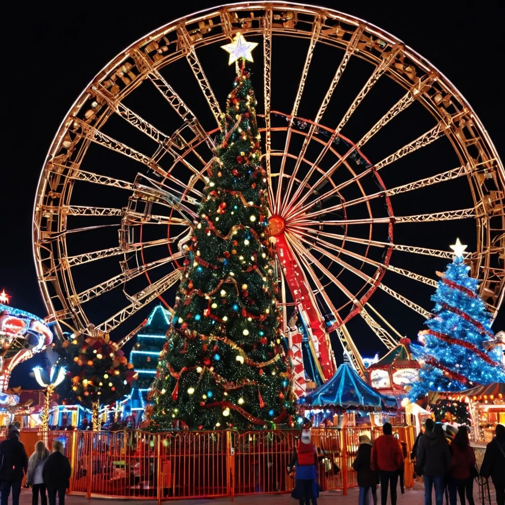 An Amusement Park at christmas time at night big beautiful Christmas tree surrounded by roller coaster and other rides, lots of stars