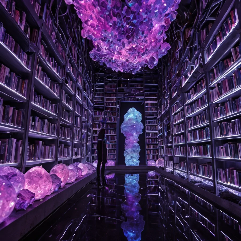 A horizontal, eyelevel medium shot of a vast, subterranean library carved into the interior of a colossal, hollowedout geode made of deep violet amethyst, where the crystalline walls refract light into sharp, prismatic beams that dance across the floor of polished black basalt. Floating stalls constructed from translucent, bubblelike membranes of iridescent plastic drift at various heights, each containing exotic, nonterrestrial produce clusters of glowing, gelatinous orbs in hues of electric blue and neon pink, and long, slender stalks of metallic silver that hum with a faint vibration. In the foreground, a figure wearing a sleek, asymmetrical outfit made of woven optical fibers and matte white ceramic armor pieces stands on a narrow