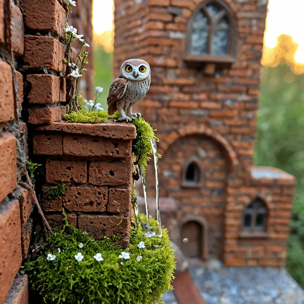 A horizontal, eyelevel macro shot of a miniature ecosystem thriving on the cap of a towering, rusted iron screw embedded in a wall of warm, textured terracotta bricks. The screws threads are overgrown with delicate, vibrant green moss and tiny clusters of white flowers, while its head serves as a pedestal for a miniature, intricate village constructed from polished sea glass and driftwood. The village features tiny, arched windows glowing with soft amber light, and a small fountain spraying a mist of sparkling water that catches the goldenhour sunlight. In the foreground, a curious, largeeyed owl with feathers resembling soft grey velvet perches on the screws tip, observing the scene. The background is a soft, creamy bokeh of blurred brick textures
