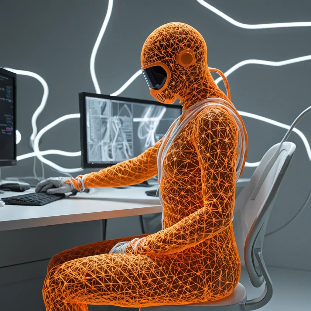 A cinematic, overtheshoulder medium shot of a solitary figure in a pristine, white, formfitting hazmat suit, seated at a curved, ergonomic workstation made of matte, translucent polycarbonate. The figure is meticulously weaving a complex, threedimensional knot using thick, rigid cables made of flexible, ceramicinfused polymer in a vibrant, matte orange hue. The cables are not simple wires they possess a subtle, hexagonal microtexture and emit a faint, rhythmic thermal pulse that distorts the air around them with visible heat shimmer. The workspace is illuminated by a single, intense, cool white spotlight from above, creating highcontrast shadows that define the geometric folds of the suit and the sharp curves of the cables.