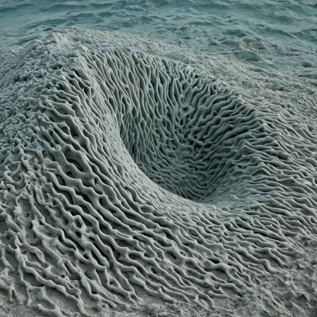 A single, selferoding sculpture of reversed silence, shaped like a 9,003dimensional coral reef of unformed stillness and inverted quiet, drifts through a vast, inverted ocean of solidified sound  each wave carved from the exact moment between a voice breaking and its refusal to be heard, a door closing and dissolving into nonacoustic dust, a heartbeat syncing and collapsing into pure, unmeasured resonance. The reef does not absorb sound  it unabsorbs it, each porous branch shedding a layer of auditory potential that never coalesced into perceptible vibration, reforming into ephemeral, obsidianveined afterimages shaped like the negative space between two lips that never parted to speak a word