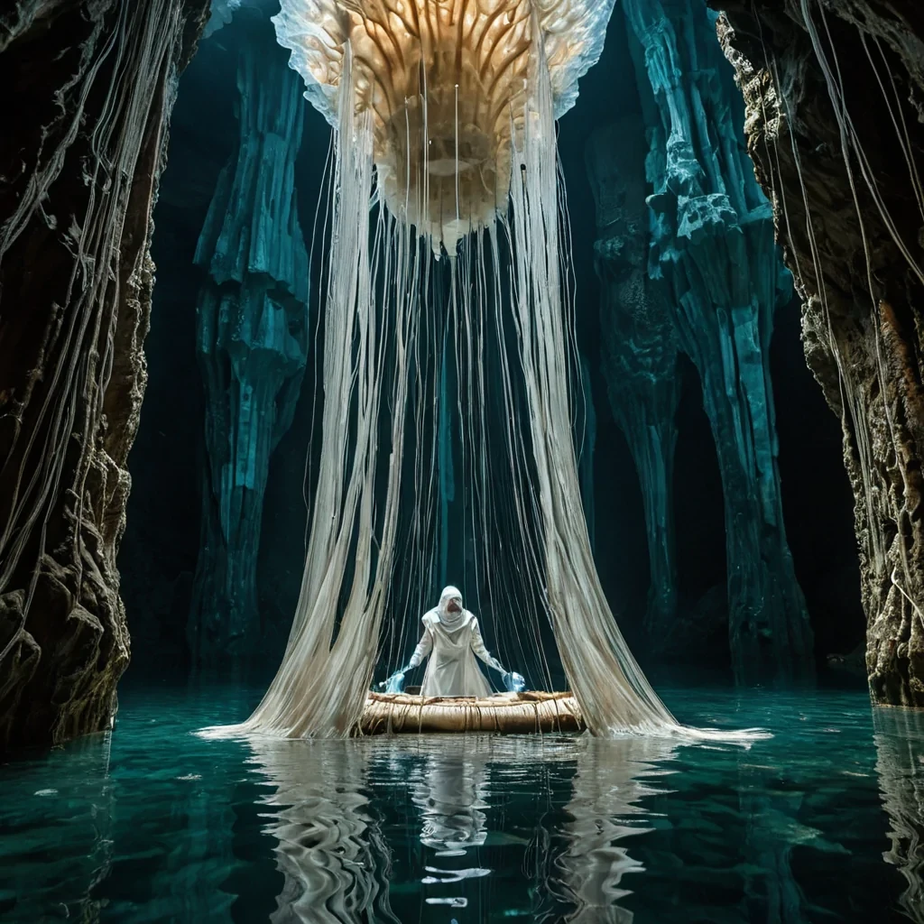 A horizontal, eyelevel wide shot of a subterranean textile atelier carved directly into the base of a massive, vertical stalactite forest within a crystalclear underground lake. The walls are composed of smooth, polished onyx that reflects the cool, tealhued light filtering down from the surface far above, illuminating hundreds of delicate, silk threads suspended in the stagnant water. In the center, a large, floating loom constructed from pale, bleached whale bone and tensioned with copper wires weaves intricate patterns into a translucent, iridescent fabric that drifts like a jellyfish. In the foreground, an artisan wearing a sleek, waterproof suit of matte white polymer with goldtrimmed gloves gently guides a shuttle through the water,