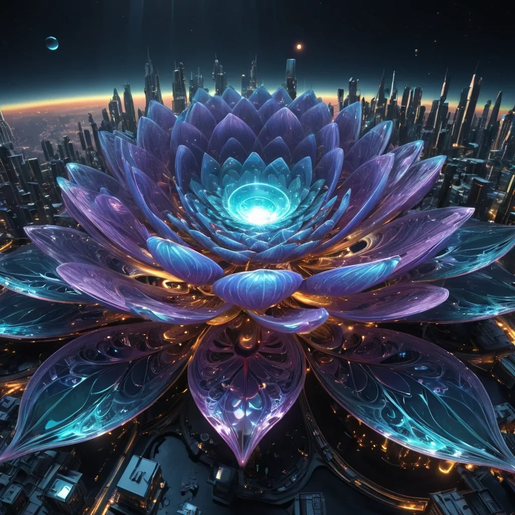 A hyperrealistic, 4K, ultra HD, fractal, opalescent, lotus metropolis, its gemstone structures unfurling zero gravity, aerodynamic ecosystems. Volumetric lighting from unseen, pulsating, bioluminescent hearts etches the citys ethereal, labyrinthine architecture, casting intricate, dynamic, iridescent shadows on the inverted, reflective void. Cinematic lighting bathes the scene in vibrant, nebular hues, with lens flare emphasizing the citys central, radiant, throbbing, opalescent heart, pulsating with captive, alien, aerothermal energy. Photorealistic, fractal, gemstone structures unfurl ultra HD, zero gravity, aerodynamic ecosystems.