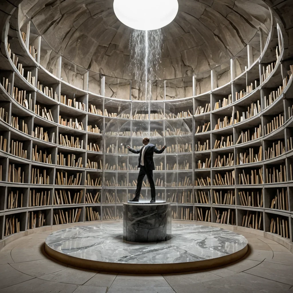 A hyperrealistic, isometric cutaway view of a pristine, white marble archive buried deep within a geothermal cavern, where the walls pulse with rhythmic veins of molten gold lava. The archive consists of tiered, circular shelves holding thousands of sealed, vacuumtight glass cylinders, each containing a suspended, frozen moment of atmospheric weathera tiny tornado, a snowstorm, or a lightning boltvisible through the clear walls. In the center, a circular platform made of polished black basalt rotates slowly, upon which stands a figure wearing a tailored, creamcolored suit with a highcollared, breathable mesh vest. The figure is carefully adjusting a delicate, brassandivory astrolabe that projects a holographic map of