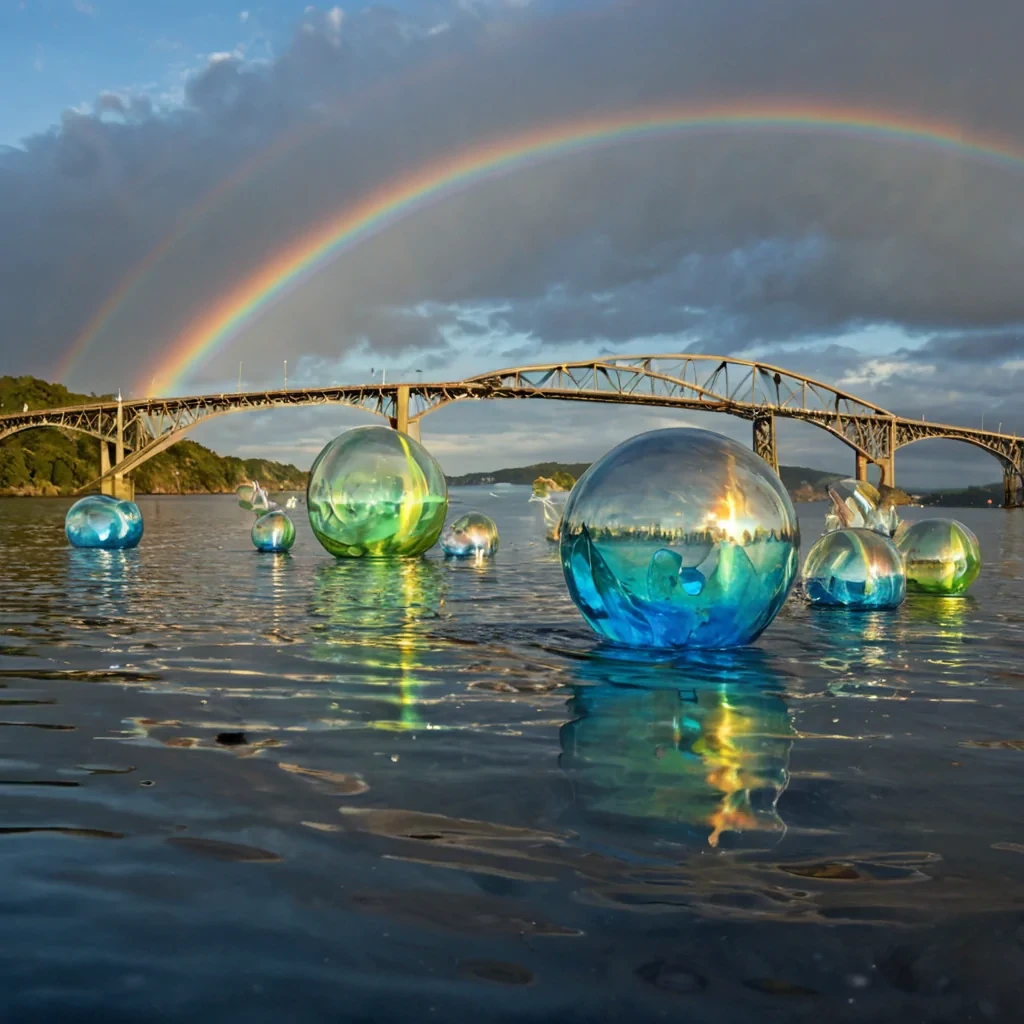 A single, floating archipelago of translucent, bioluminescent glass floats in a sky of inverted rainbows, each island shaped like a different emotion rendered in pure, refracted lightanger as jagged shards, joy as spiraling ribbons, sorrow as slowdrip tears that never fall. The islands are not connected by bridges, but by taut, shimmering threads of solidified empathy, each strand humming with the frequency of a shared breath across time. Below, the ground is not earthit is a vast, still lake of liquid time, its surface perfectly smooth except for the faint, rippling imprints of every decision that was made in haste, each ripple fading into a new color as it spreads. The sky above