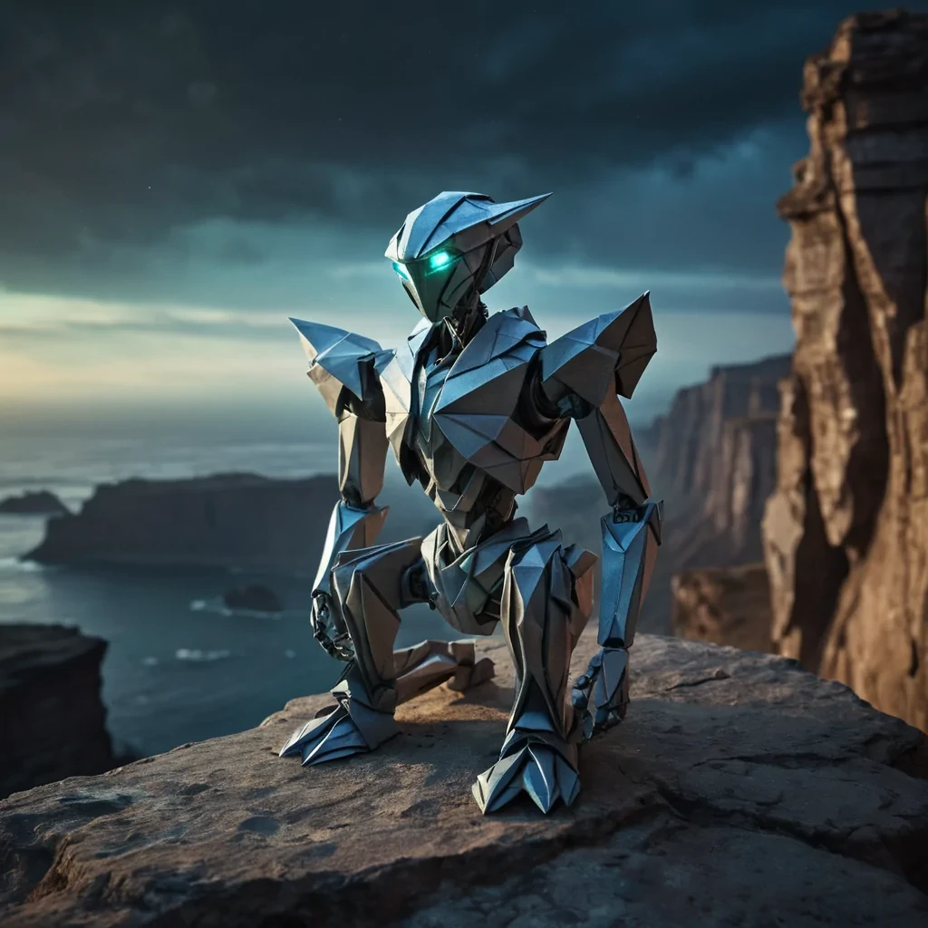 A hyperrealistic, 4K portrait of a lone, sentient origami robot perched on the edge of a crumbling, ancient cliff, overlooking a vast, alien landscape of undulating, iridescent crystals and swirling, bioluminescent mists, with cinematic lighting casting dramatic shadows and emphasizing its intricate, paperthin form, and a subtle, warm bokeh effect creating a sense of isolation and wonder.