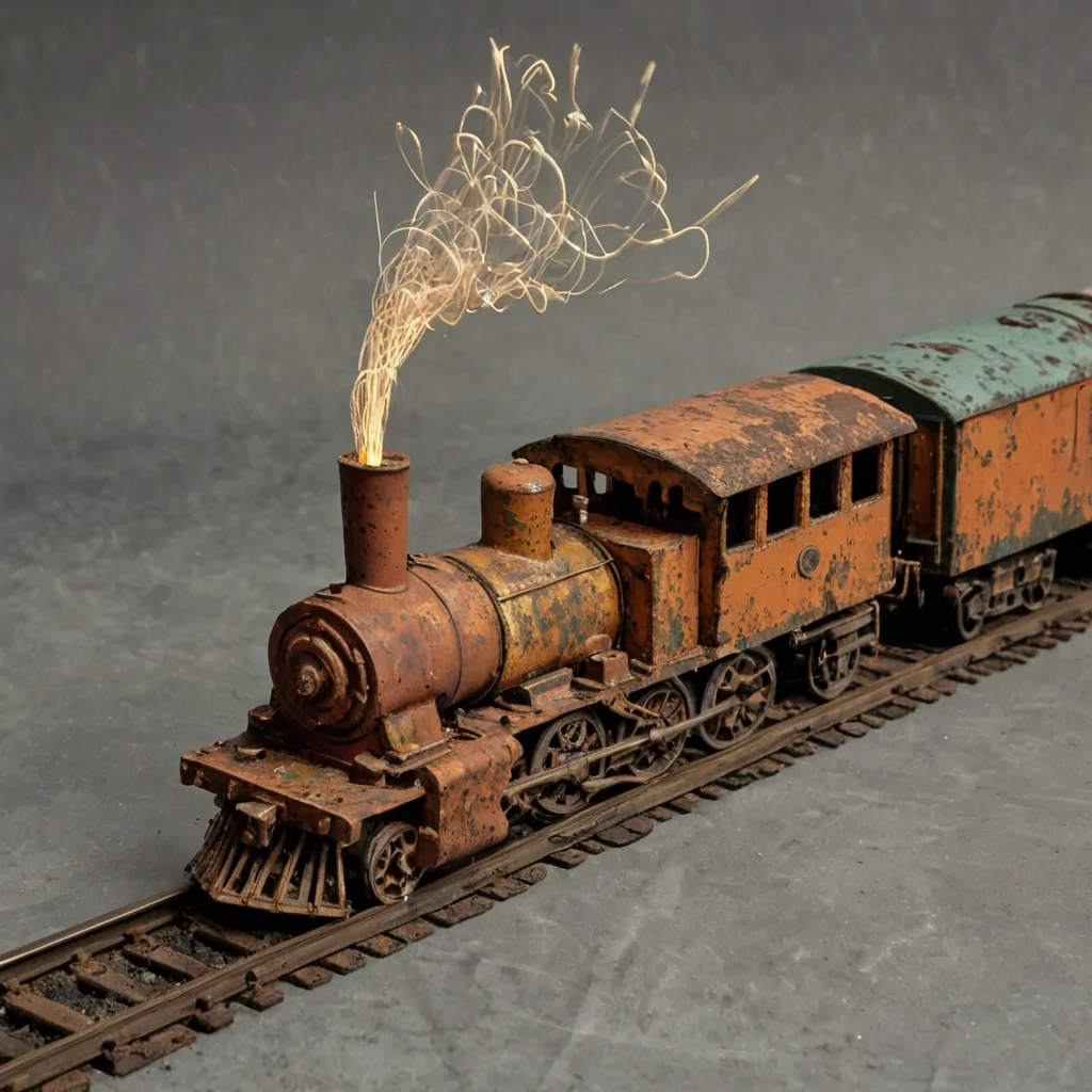 A tight, eyelevel closeup of a vintage, rusted tin windup toy train resting on a surface of coarse, saltencrusted ceramic. The train is not moving but is frozen in a moment of suspended animation, with its brass wheels slightly blurred from a recent, rapid rotation. The air around the toy is dense with a swirling vortex of tiny, rectangular postage stamps, each depicting a different, abstract geometric pattern in muted earth tones of terracotta, sage, and slate, floating in a chaotic yet controlled cyclone. A single, thin strand of spun gold wire wraps tightly around the locomotives chimney, emitting a faint, warm glow that highlights the pitted texture of the rusted metal and the sharp edges of the