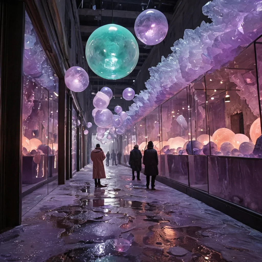 A hyperrealistic, eyelevel shot of a bustling, narrow market alleyway inside a colossal, hollowedout giant geode. The walls are lined with rough, jagged amethyst crystals that glow with a soft, internal violet pulse, casting a cool, ambient light over the scene. The floor is wet and reflective, mirroring the crystalline walls and the vibrant stalls. Instead of traditional goods, the vendors sell floating, levitating spheres of pure, captured mist in varying pastel colorspale peach, mint green, and lavenderheld in transparent glass orbs. In the immediate foreground, a figure wearing a coat made of layered, translucent silicone membranes that ripple with every movement is carefully selecting a sphere of pale peach mist. The figure