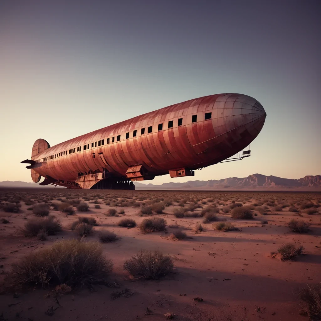 An abandoned, colossal, Art Deco zeppelin, adrift in a perpetual twilight, its oncelustrous hull now weathered and rusted, casting a melancholic, elongated shadow over a desolate, crimson desertscape, captured in Ultra HD with cinematic lighting and pastel tones.