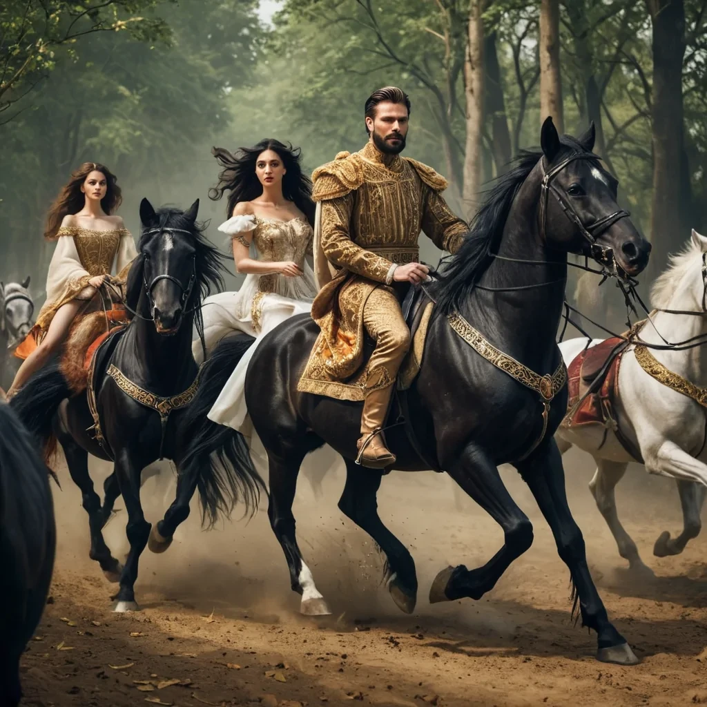 A dark haired handsome king with a beard riding shining black horses along with beautiful women. They are chasing a fox