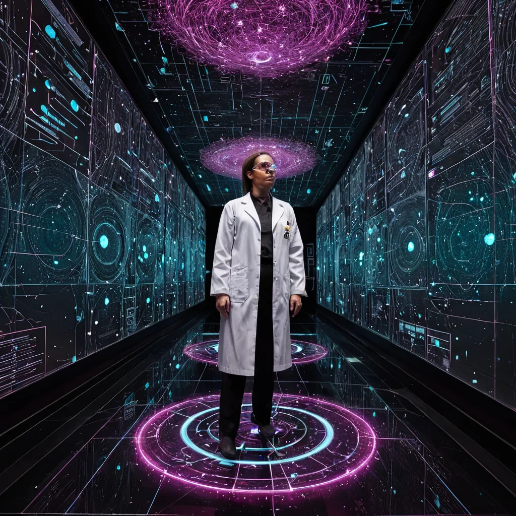 A horizontal, eyelevel wide shot of a vast, subterranean data archive housed within the hollowedout cavity of a colossal, translucent quartz crystal, where the walls are etched with millions of microscopic, glowing circuit lines that pulse with a cool, cyan light. The floor is a seamless expanse of dark, polished basalt, reflecting the intricate network of suspended, holographic orbs that float in midair, each displaying a swirling, threedimensional map of a fictional star system in vibrant shades of magenta and gold. In the center, a figure wearing a sleek, white laboratory coat adorned with intricate, silver embroidery and a pair of augmentedreality glasses with thin, black frames stands before a large, floating console made of brushed aluminum,