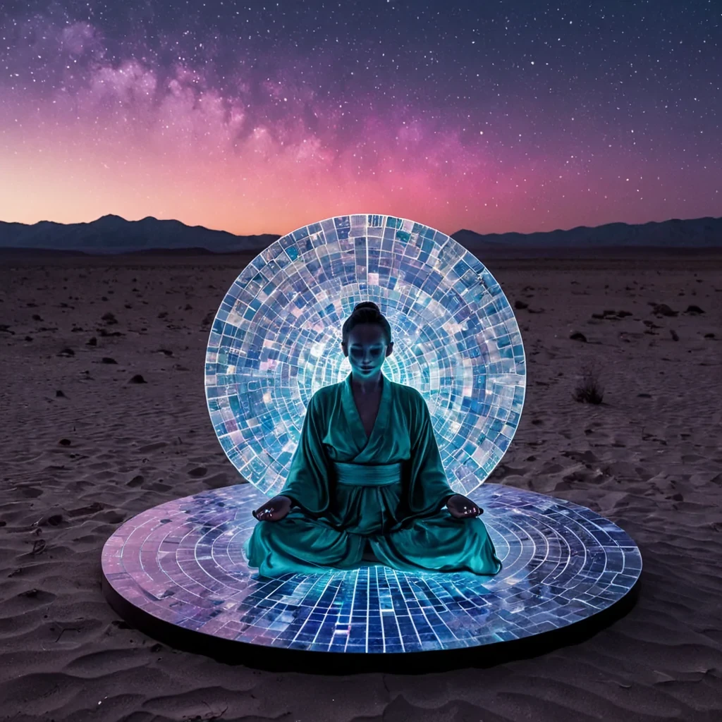 A vertical, eyelevel closeup shot of a serene, circular meditation chamber constructed from seamless, polished blocks of deep indigo lapis lazuli, set within a vast, quiet desert of fine, silvergray sand under a twilight sky streaked with faint, neonpink aurora. The chamber floor is embedded with a concentric mosaic of tiny, glowing emerald crystals that pulse with a slow, rhythmic light. In the center, a solitary figure wearing a loose, flowing kimono made of iridescent, motherofpearl fabric sits in a lotus position, their hands resting on a floating, geometric cube of clear quartz that projects a holographic map of constellations in soft blue light. The air is still and crisp