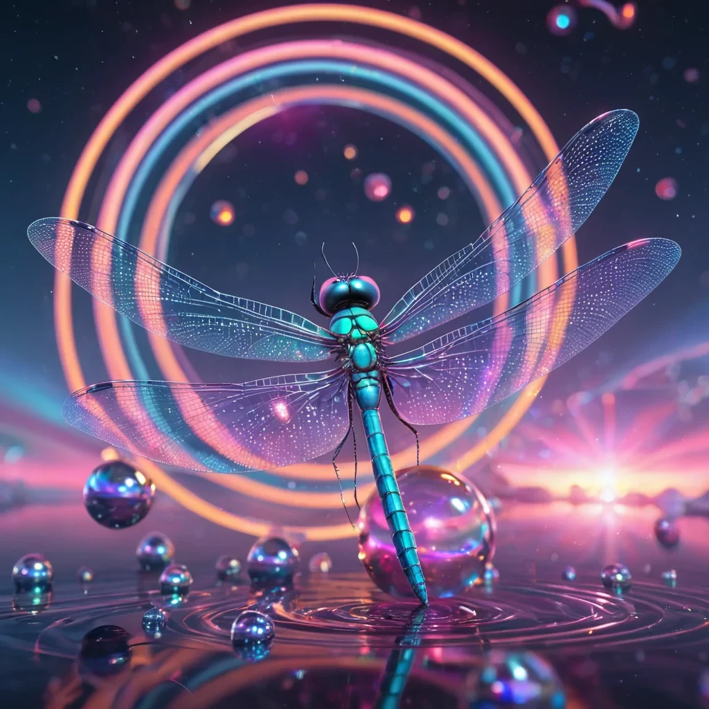 Hyperrealistic neon dragonfly with iridescent wings, gracefully navigating through a floating, geometric spiral of reflective, swirling pastel spheres, dynamic lighting with volumetric beams, soft focus on its delicate, luminescent body, vibrant colors, 4K resolution, lens flare dancing around its ethereal form in a surreal, futuristic sky sanctuary.