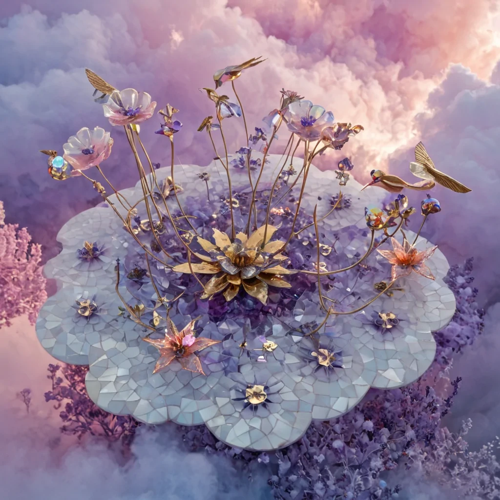A macro, highangle shot of a floating, geometric garden island suspended in a dense, opaque cloud bank of soft, lavenderhued mist. The island surface is composed entirely of polished, iridescent motherofpearl tiles arranged in a complex, fractal mosaic pattern that reflects the ambient light in shimmering shifts of pink, blue, and gold. Rising from the center is a cluster of colossal, blooming flowers made from rigid, translucent ceramic petals in varying shades of celadon and white, their centers holding glowing, liquid nebulas of swirling orange and violet gas. No human figures are present instead, small, mechanical hummingbirds with brass bodies and delicate, spunglass wings hover around the blooms, their movements captured