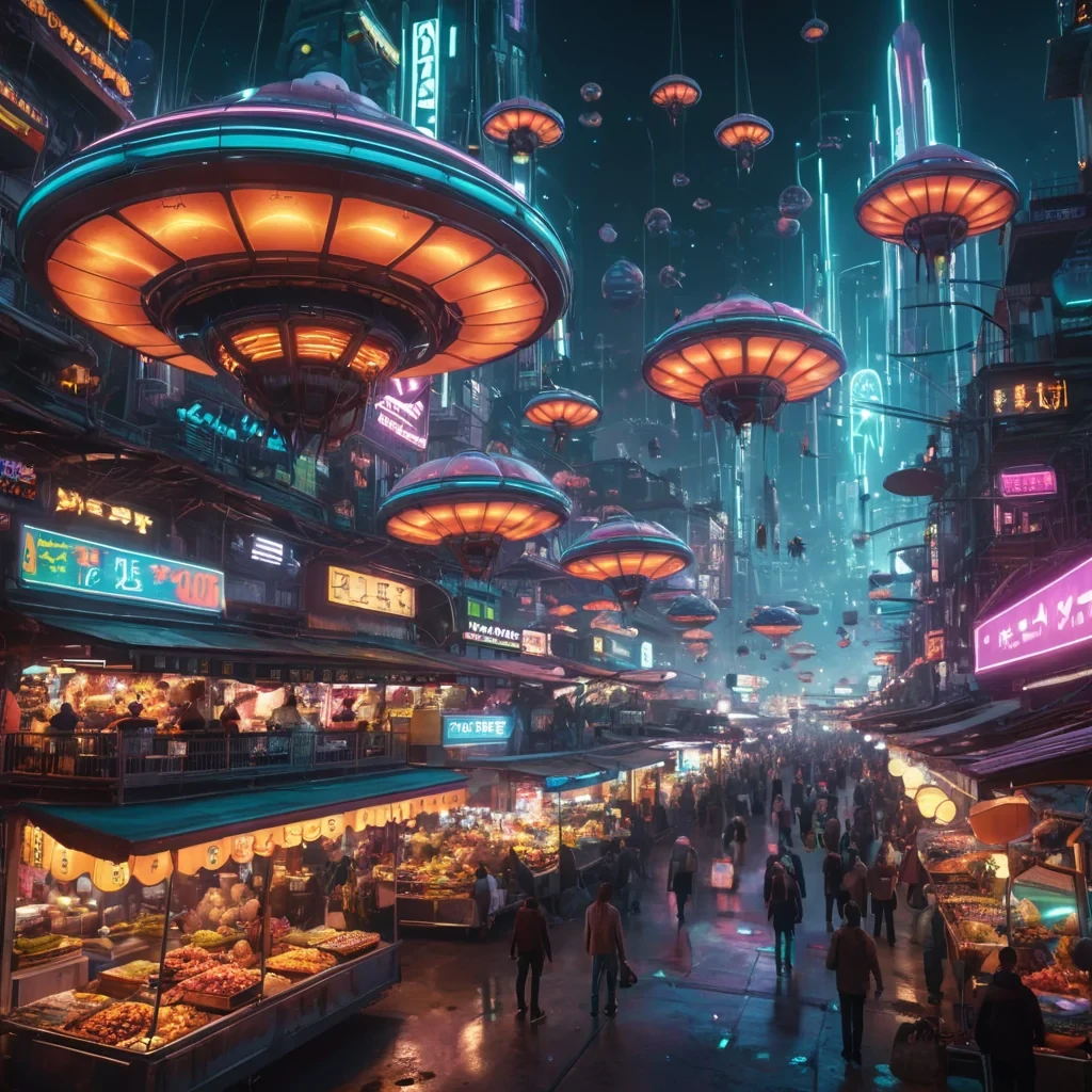 A levitating, neonlit market floats above a sprawling, futuristic metropolis, where vendors in hoverchairs peddle alien delicacies to passersby on antigravity platforms, hyperrealistic, 4K, cinematic lighting, volumetric lighting, atmospheric effects, dynamic lighting, bokeh effect, vibrant colors, detailed textures.