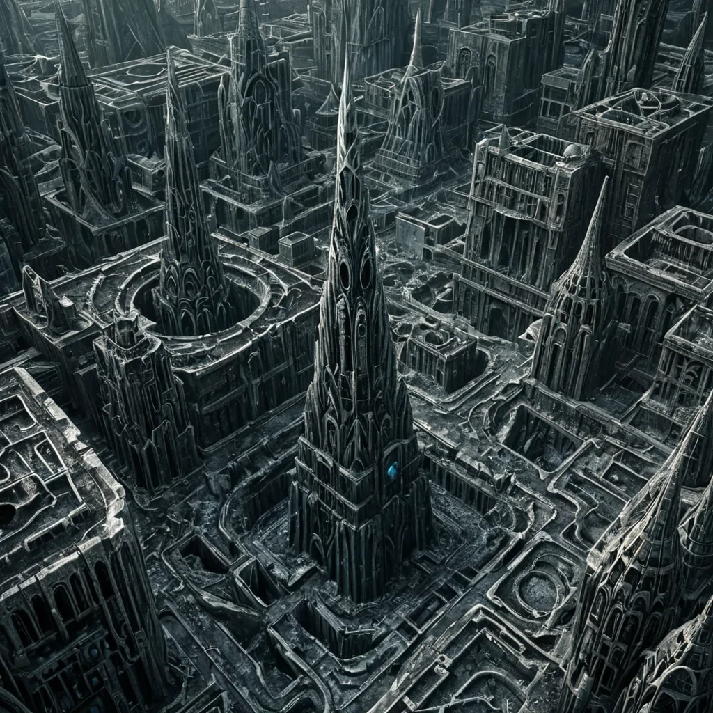 A sprawling, vertical metropolis of interlocking, crystalline labyrinths grows from the spine of a dormant, 100kilometerlong fossilized serpent buried beneath the surface of a planet made entirely of compressed, solidified silence. The city is not built, but grown from the slow, geological crystallization of forgotten whispers, each tower a jagged, geometric spire formed from the mineralized residue of unspoken truths. The streets are paved with smooth, obsidianblack stone that hums faintly when stepped on, resonating with the frequency of a single, longlost question. At the heart of the city, a colossal, inverted clocktower made of frozen time ticks in reverse, its gears composed of
