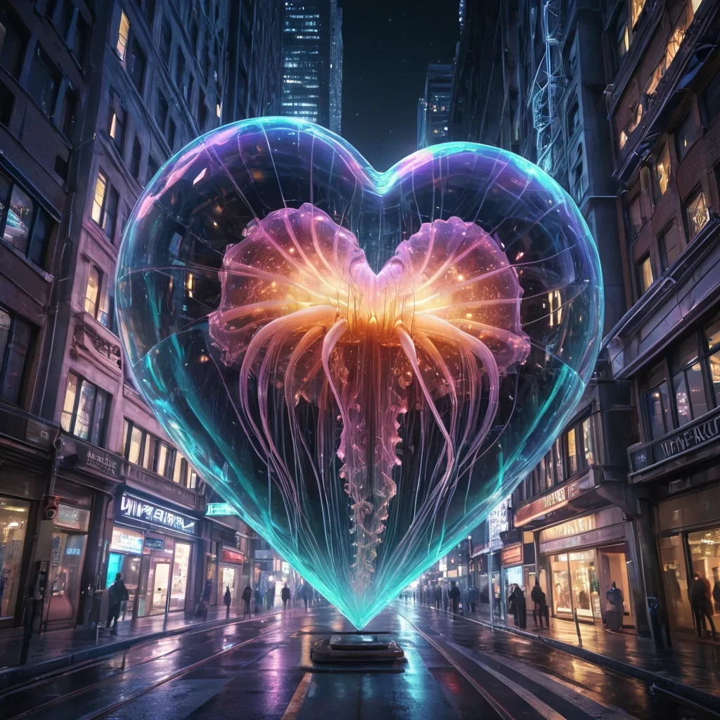 Photorealistic, titanic, iridescent, jellyfish metropolis, its hyperrealistic, 4K, undulating, translucent bell structures revealing ultra HD, neonkissed, cybernetic arcologies within. Volumetric lighting from unseen, pulsating, cybernetic hearts etches the metropolis ethereal, fractal form, casting intricate, dynamic, neonswathed shadows on the inverted, reflective void. Cinematic lighting bathes the scene in vibrant, otherworldly hues, with lens flare emphasizing the metropolis central, radiant, throbbing, iridescent heart, pulsating with captive, artificial, cybernetic energy.