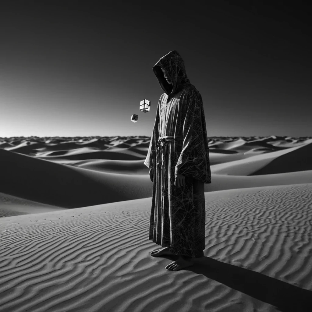 A hyperrealistic, 4K portrait of a sentient, levitating, neonlit holographic Rubiks cube, its ethereal form pulsating with intricate, bioluminescent fractal patterns, set against a surreal, monochromatic landscape of undulating, shadowy dunes, with volumetric lighting casting dramatic shadows and emphasizing the cubes dynamic, fluid movements, and a subtle, cool bokeh effect creating a sense of isolation and mystery, as a lone, spectral figure, cloaked in a tattered, hooded robe, stands silently at the edge of the frame, their face obscured by shadows, adding an enigmatic, haunting touch to the otherwise abstract scene.