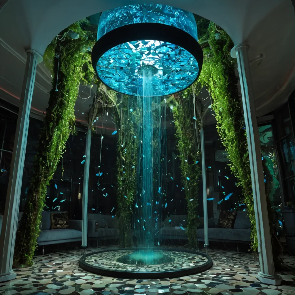 A horizontal, eyelevel medium shot of a vertical, suspended garden constructed within the transparent, cylindrical shaft of a colossal, antique diving bell, where gravity is inverted by a localized magnetic field. The floor, now the ceiling, is a mosaic of polished, iridescent abalone shells that reflect the soft, diffused light filtering down from the surface ocean above. Hanging downwards from this ceiling are thousands of delicate, trailing vines of bioluminescent moss in shades of neon pink and electric blue, interspersed with floating, geometric shards of frosted glass that act as misting nozzles, releasing fine sprays of water vapor that catch the light like diamonds. In the center of the shaft, a solitary figure wearing a sleek, white
