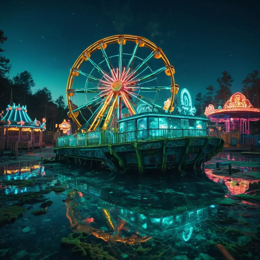 A neondrenched, abandoned amusement park submerged beneath a crystalclear ocean, bioluminescent algae casting an otherworldly glow on the decaying rides, hyperrealistic, ultra HD, cinematic lighting, volumetric lighting, atmospheric effects, dynamic lighting, bokeh effect, soft focus, lens flare, vibrant colors, detailed textures.
