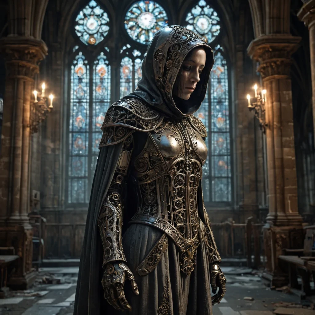 Photorealistic, Ultra HD portrait of a melancholic, sentient automaton, its metallic body adorned with intricate, tarnished filigree, standing alone in a vast, abandoned cathedral, surrounded by towering, gothic arches and faded, stainedglass windows, with cinematic lighting casting dramatic shadows and emphasizing the intricate, steampunkinspired design, and a subtle, cool bokeh effect creating a sense of isolation and melancholy, as a lone, spectral comet streaks across the night sky, its glowing tail leaving a trail of stardust in its wake, while a spectral, ethereal figure, cloaked in a tattered, hooded robe, stands silently at the edge of