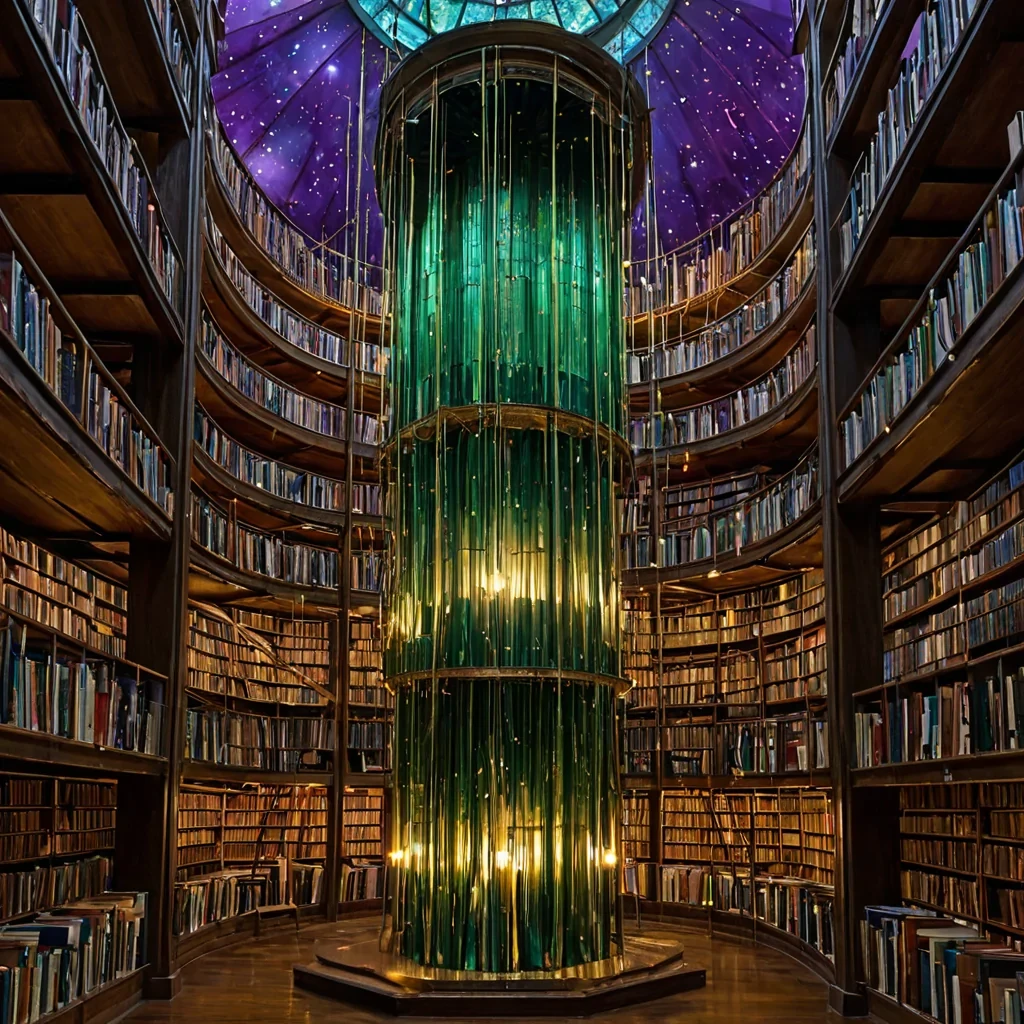 A vertical, eyelevel medium shot of a dense, vertical library tower constructed from stacked, floating books with covers made of iridescent beetle shell that shift from emerald green to deep violet depending the angle of light. The stairs are not solid but composed of suspended, horizontal ribbons of liquid gold that ripple and reform underfoot. In the center, a figure wearing a highcollared tunic woven from metallic copper threads and translucent silk panels ascends the golden ribbons, holding a large, open book whose pages are made of thin, flexible sheets of polished silver that reflect the surrounding bioluminescent lanterns hanging from the ceiling like stars. The atmosphere is thick with a soft, warm haze, and the lighting is cinematic with strong