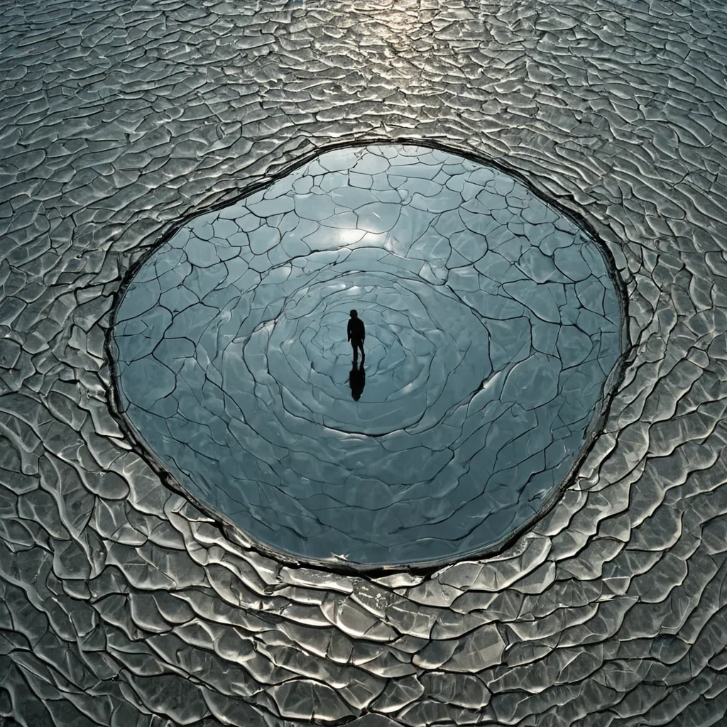 A single, selffragmenting mirror of reversed reflection, shaped like a 47dimensional mosaic of unformed sight and inverted perception, floats at the center of a vast, inverted lagoon of solidified stillnesseach ripple frozen middisturbance in the exact moment between a gaze cast and its refusal to return, a shadow falling and its sudden dissolution into light, a face glimpsed and its immediate erasure from memory. The mirror does not showit unsees, each fractured shard shedding a layer of visual potential that never coalesced into a shared image, reforming into ephemeral, obsidianveined afterimages shaped like the negative space between two eyes that never blinked in recognition, suspended in the silent, weight
