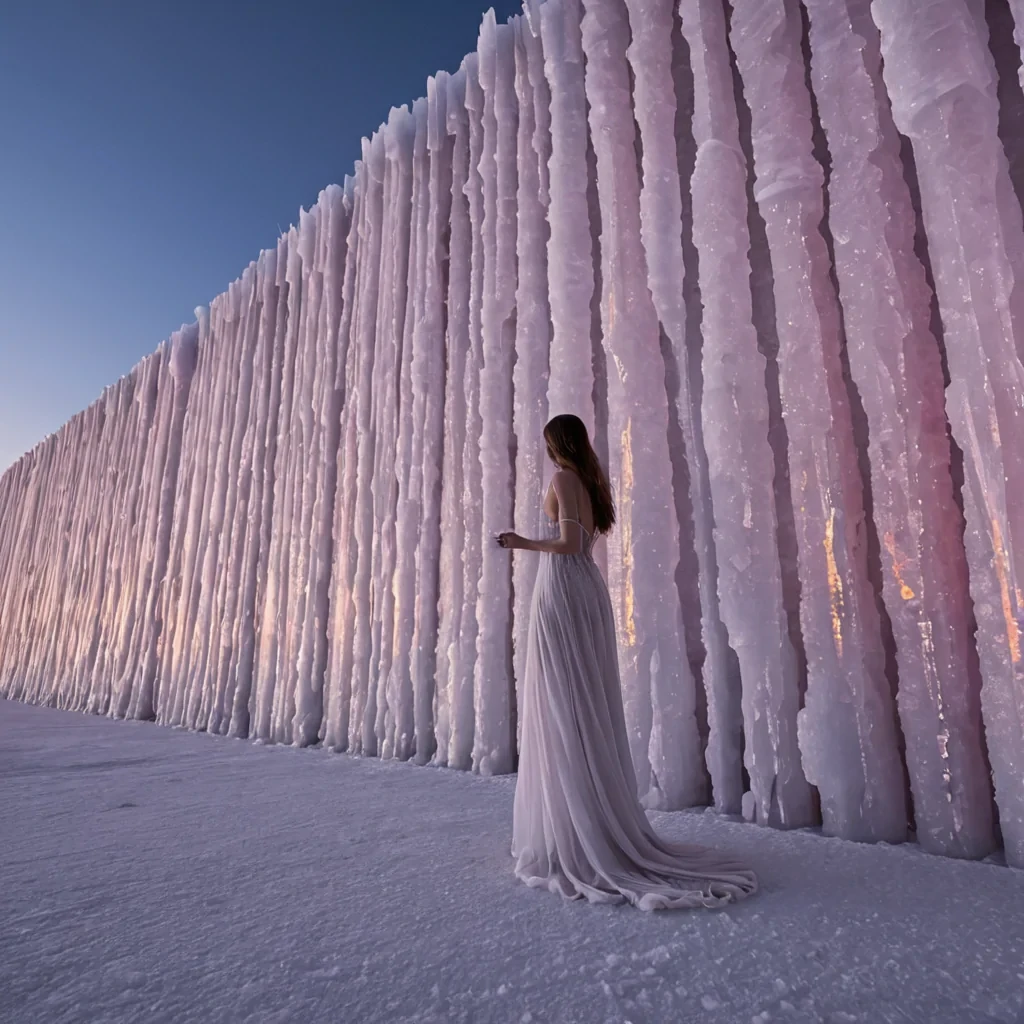 A horizontal, wideangle shot of a vast, flat expanse of smooth, pale pink salt flats under a twilight sky, where the horizon is defined by a massive, undulating wall of vertical, translucent ice crystals that refract the fading sunlight into soft pinks and purples. Scattered across the salt surface are hundreds of delicate, white ceramic wind chimes of varying sizes, each suspended from thin, silver wires that stretch tautly between low, minimalist concrete pillars. In the foreground, a figure wearing a flowing, oversized gown made of sheer, white organza fabric with subtle, embroidered silver star patterns stands still, their silhouette sharp against the glowing ice wall. The air is filled with a gentle, swirling mist that catches the light,